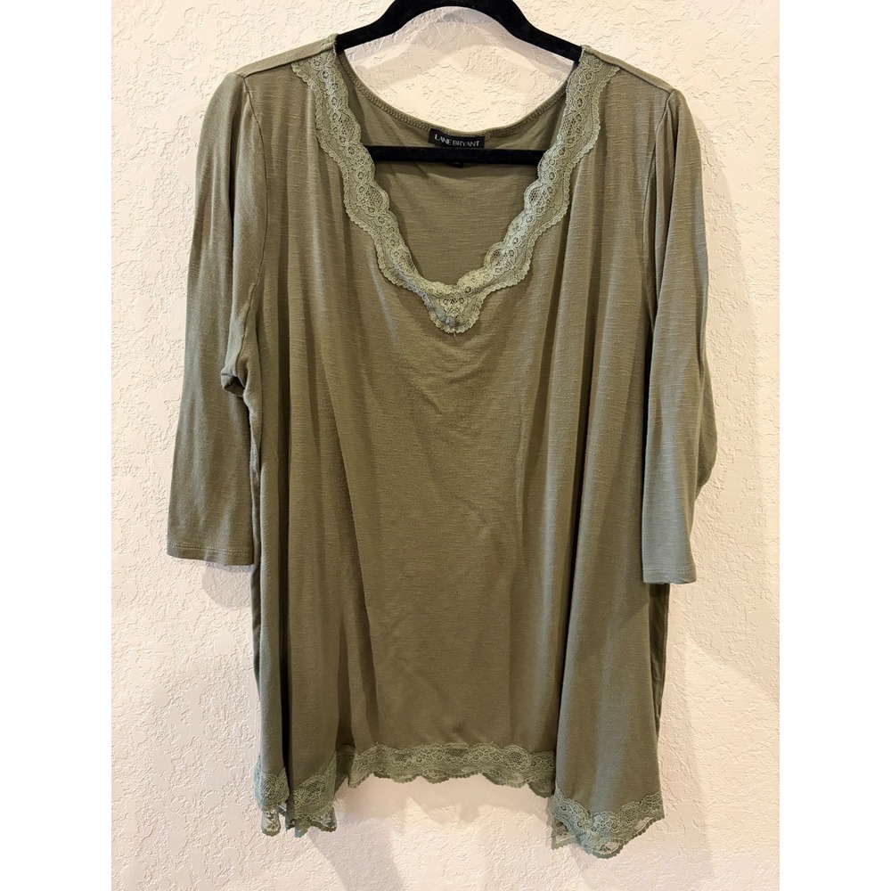 Lane Bryant Olive Green Lace Trim Slub Knit V-Neck 3/4 Sleeve Top 18/20